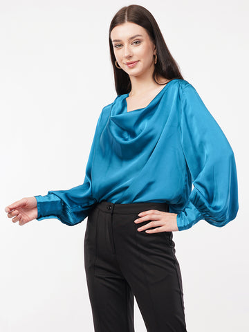 Women Cowl Neck Cuffed Sleeve Satin Top