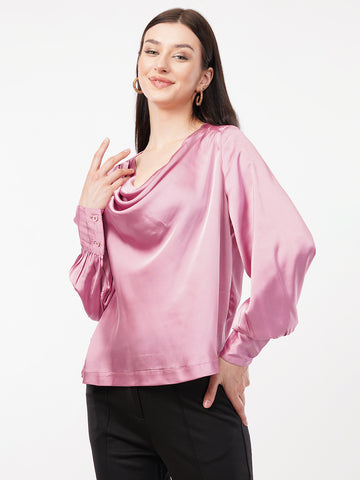 Women Cowl Neck Cuffed Sleeves Satin Top