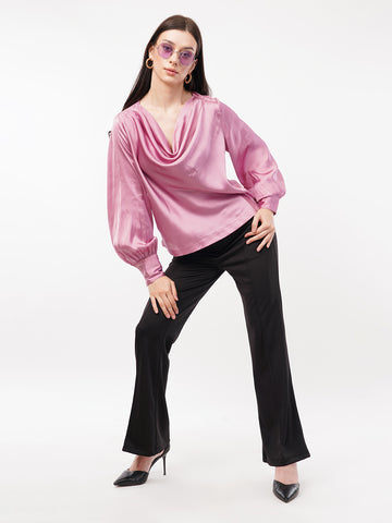 Women Cowl Neck Cuffed Sleeves Satin Top