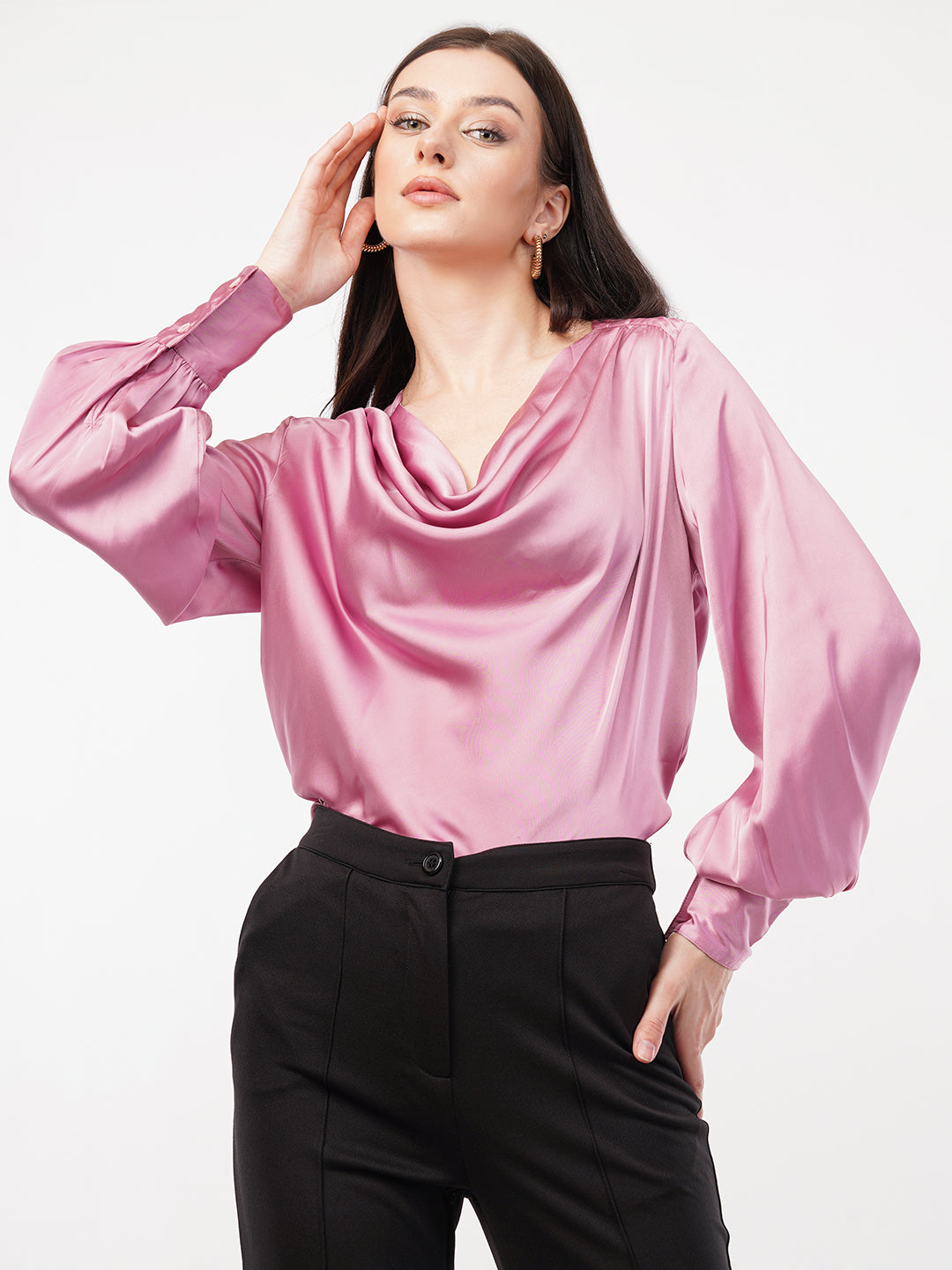 Women Cowl Neck Cuffed Sleeves Satin Top