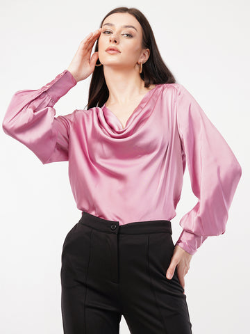 Women Cowl Neck Cuffed Sleeves Satin Top