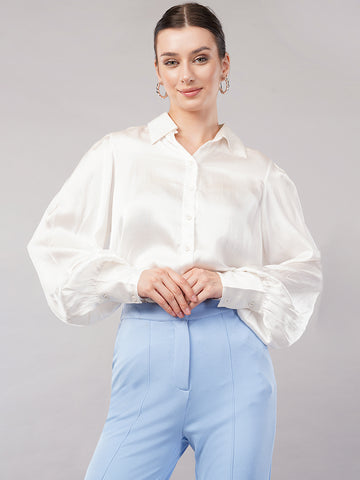 Women Classic Relaxed Fit Solid Spread Collar Satin Casual Shirt