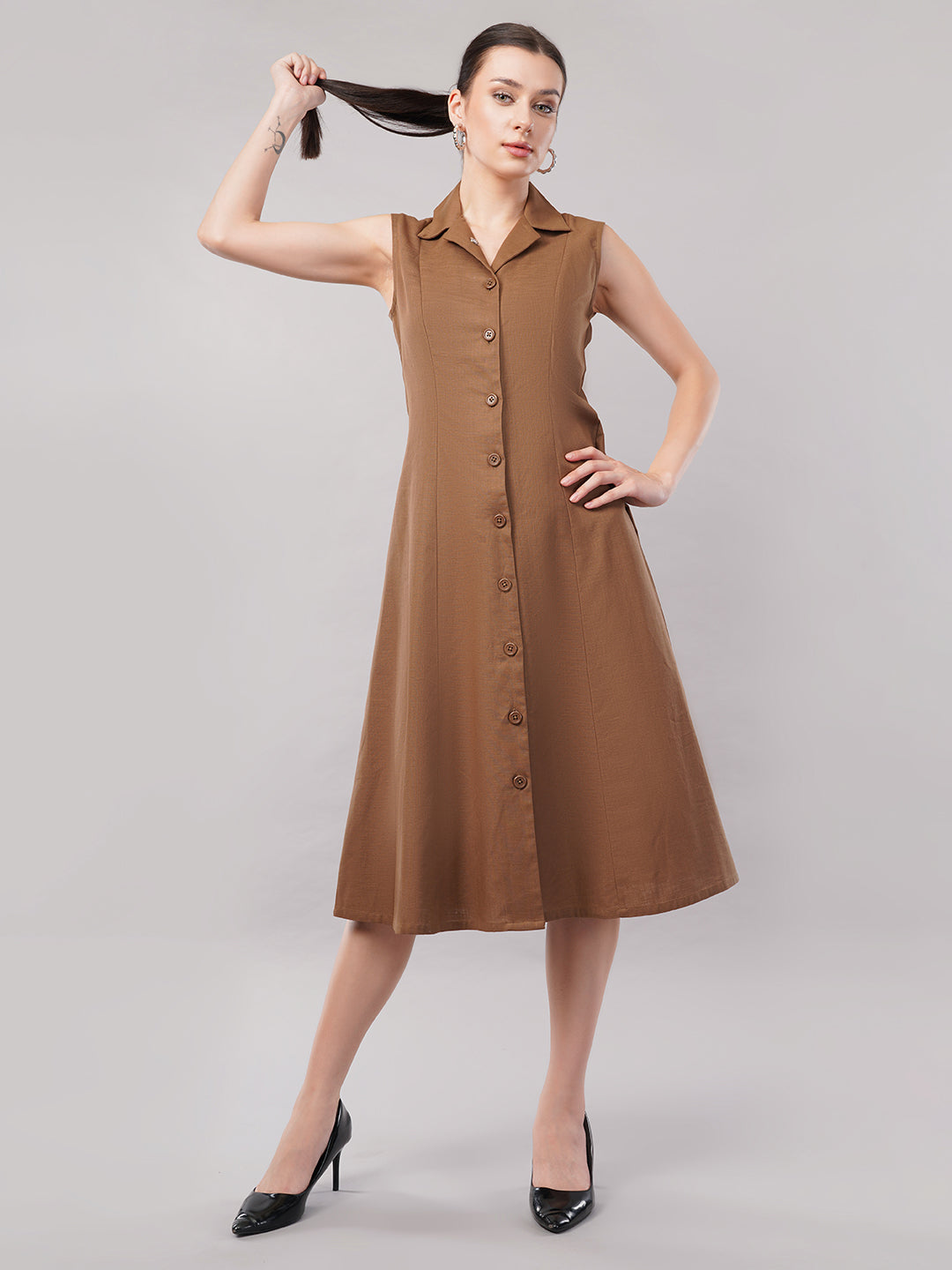 Lapel Collar Cotton Shirt Midi Dress