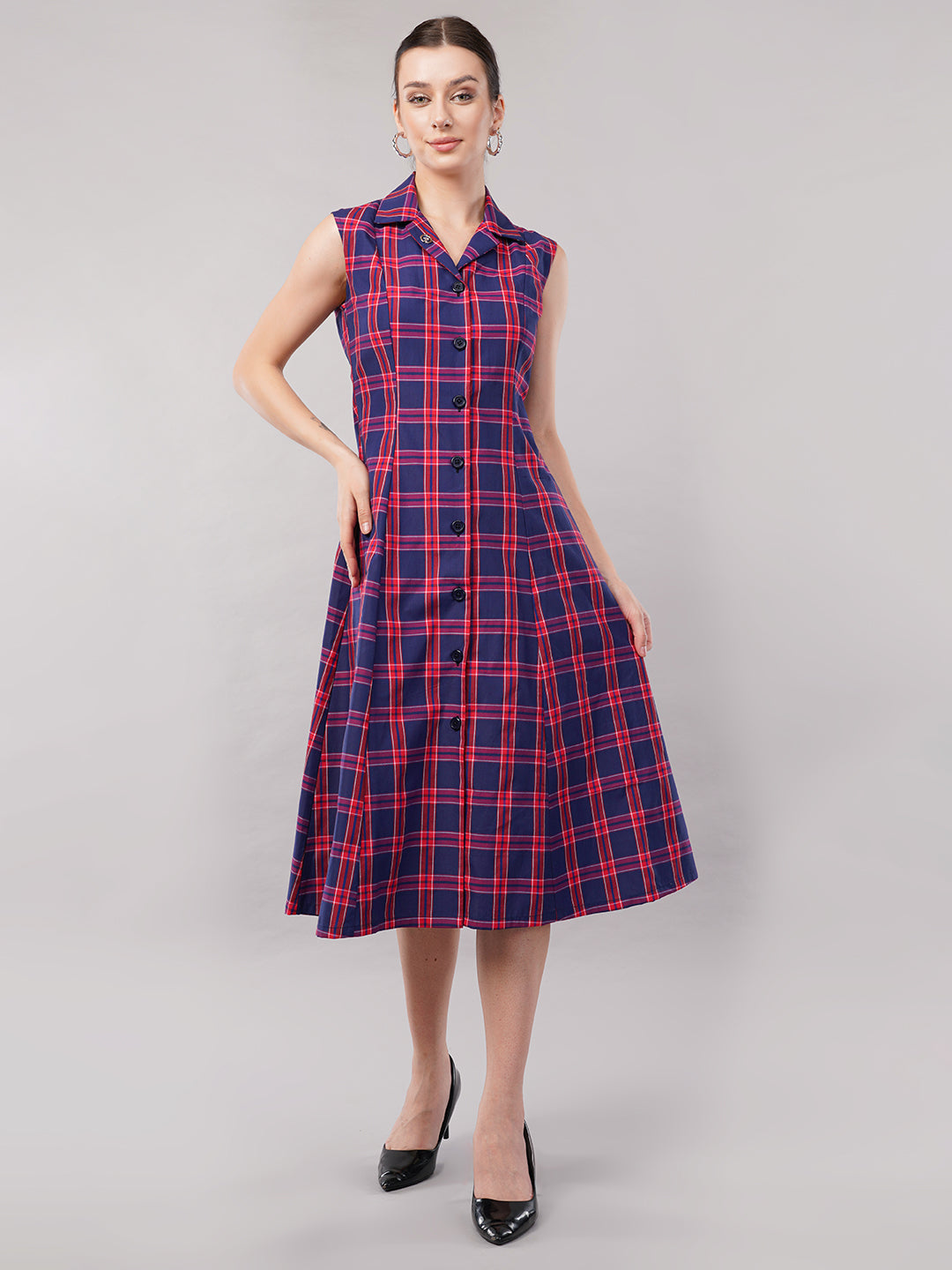 Women Checked Shirt Collar Cotton Fit and Flare Midi Dress