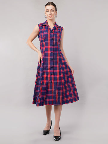 Women Checked Shirt Collar Cotton Fit and Flare Midi Dress