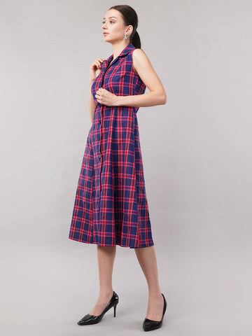 Women Checked Shirt Collar Cotton Fit and Flare Midi Dress