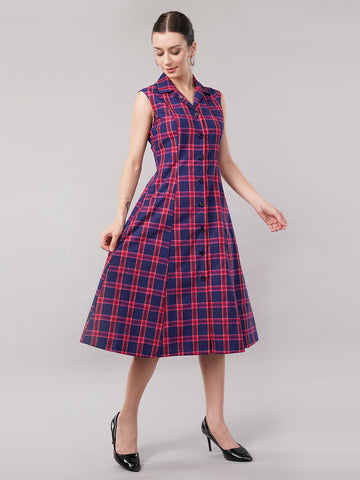 Women Checked Shirt Collar Cotton Fit and Flare Midi Dress