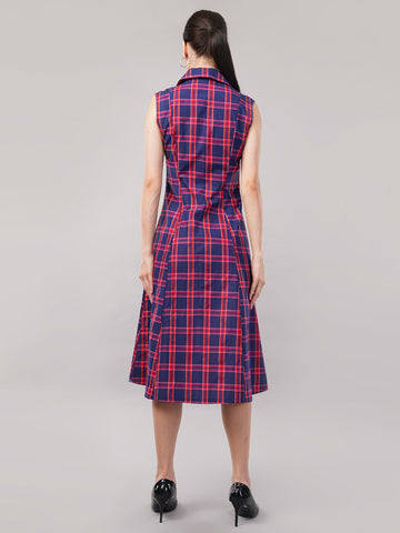 Women Checked Shirt Collar Cotton Fit and Flare Midi Dress