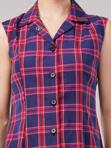 Women Checked Shirt Collar Cotton Fit and Flare Midi Dress