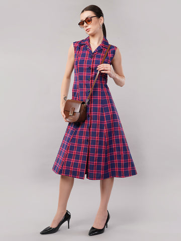 Women Checked Shirt Collar Cotton Fit and Flare Midi Dress