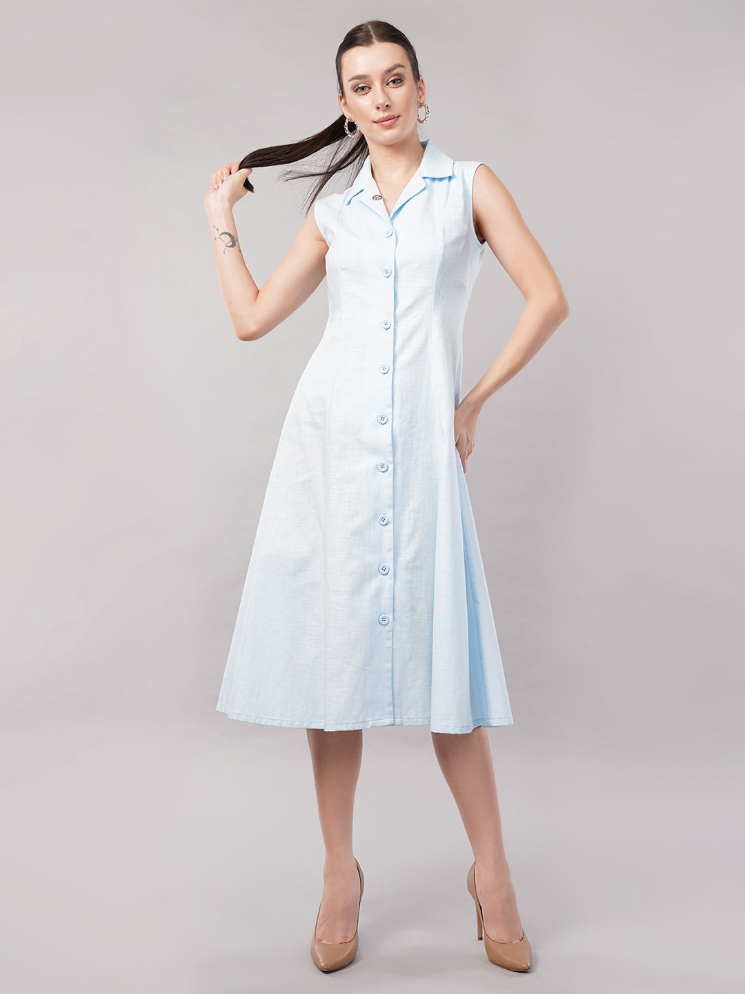 Women Sleeveless Shirt Collar Cotton Formal A-Line Midi Dress