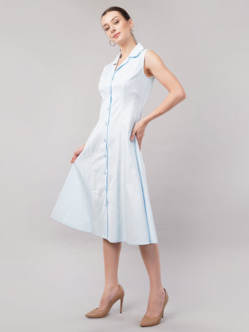 Women Sleeveless Shirt Collar Cotton Formal A-Line Midi Dress