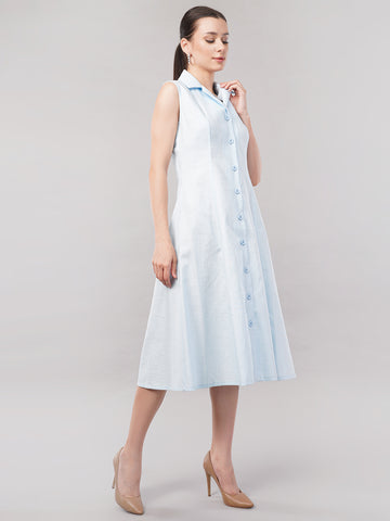 Women Sleeveless Shirt Collar Cotton Formal A-Line Midi Dress