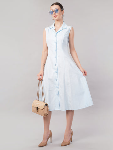 Women Sleeveless Shirt Collar Cotton Formal A-Line Midi Dress