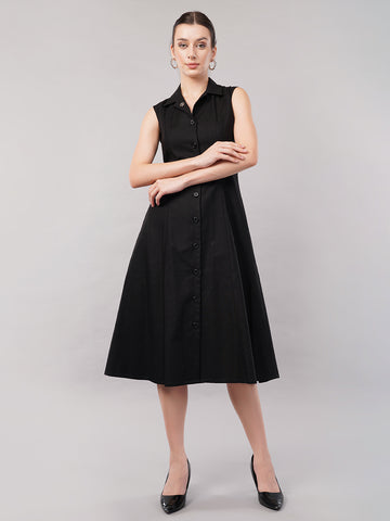 Women Cotton Shirt Collar Midi Dress
