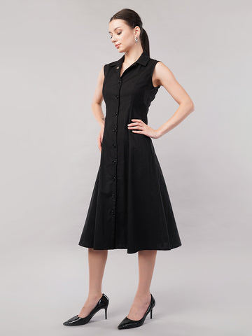 Women Cotton Shirt Collar Midi Dress
