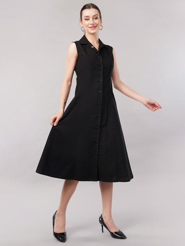 Women Cotton Shirt Collar Midi Dress