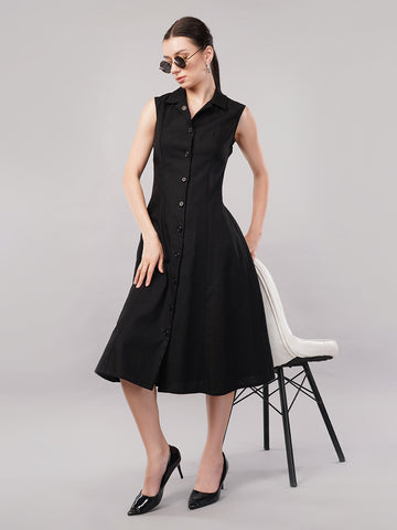 Women Cotton Shirt Collar Midi Dress