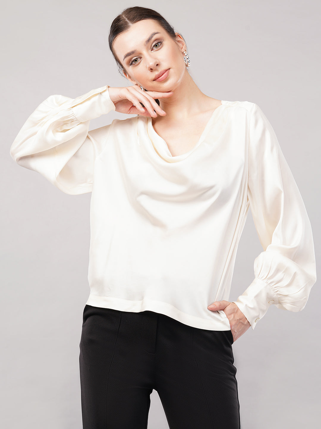 Women Cowl Neck Satin Cuffed Sleeves Top