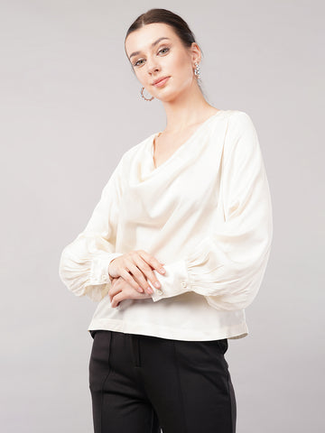 Women Cowl Neck Satin Cuffed Sleeves Top