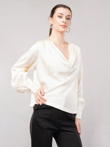 Women Cowl Neck Satin Cuffed Sleeves Top