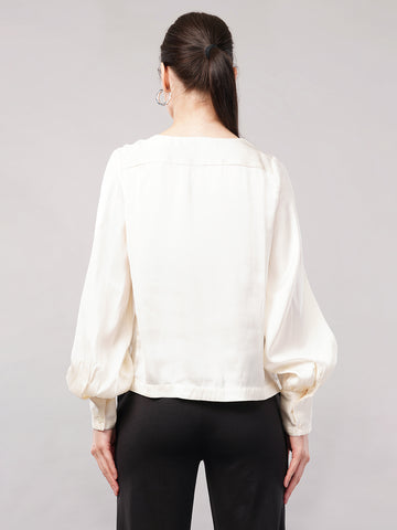 Women Cowl Neck Satin Cuffed Sleeves Top